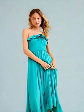 Free People Lush Life Linen Strapless Midi Dress in Niagra River